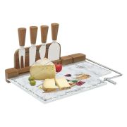 Набор д/ сыра: доска (стекло) + 4 ножа и струна д/нарезки «FROMAGE» (цветной) в подарочной упаковке.